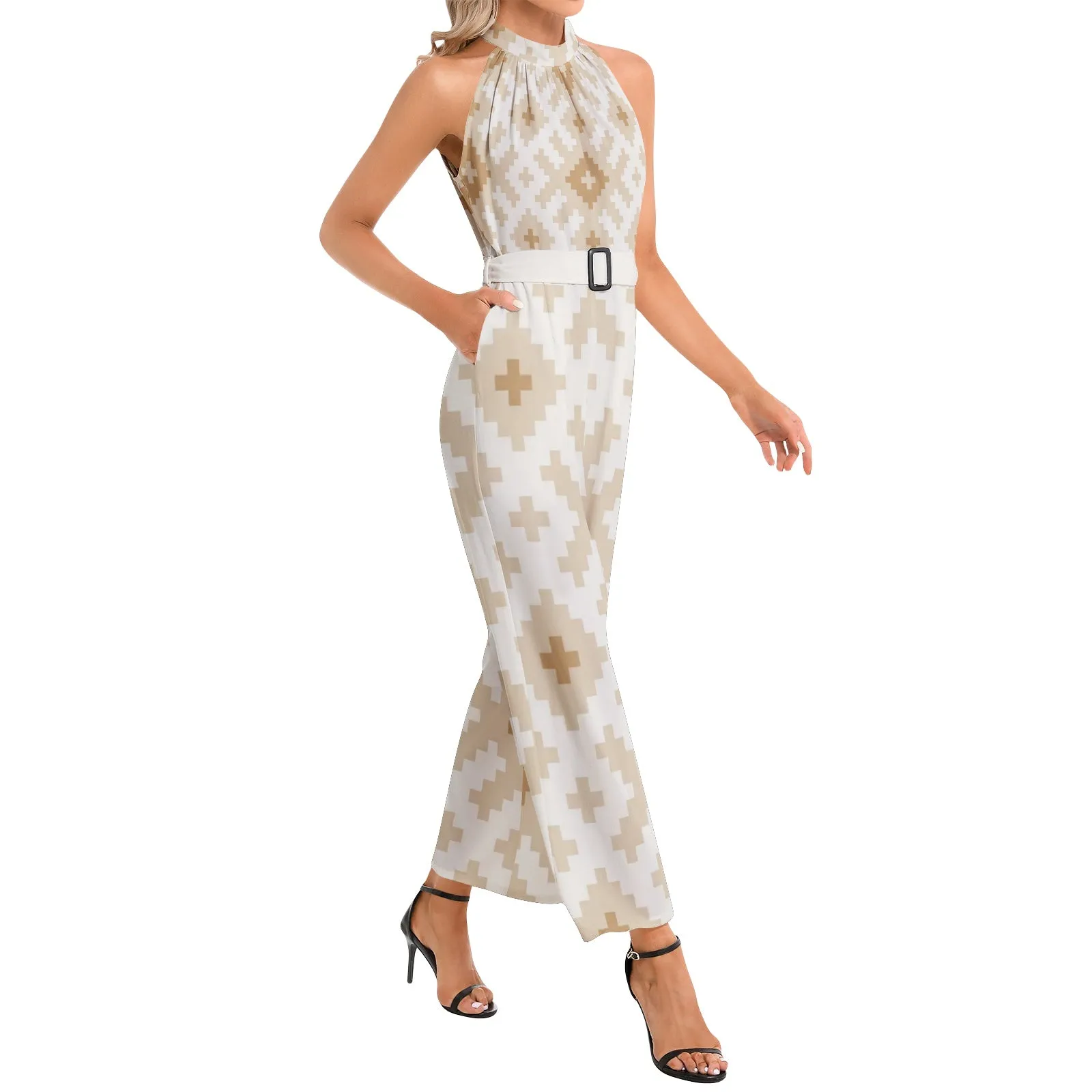 Halter Neck Buckle Belted Jumpsuit Sierra Cloud Print