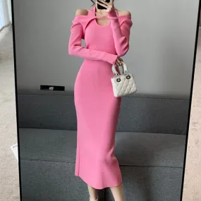 Halterneck Off-Shoulder Slim Fit Knitted Dress