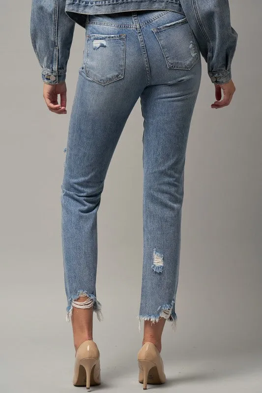 High Waist Distressed Fray Straight Jeans - Online Exclusive