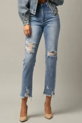 High Waist Distressed Fray Straight Jeans - Online Exclusive