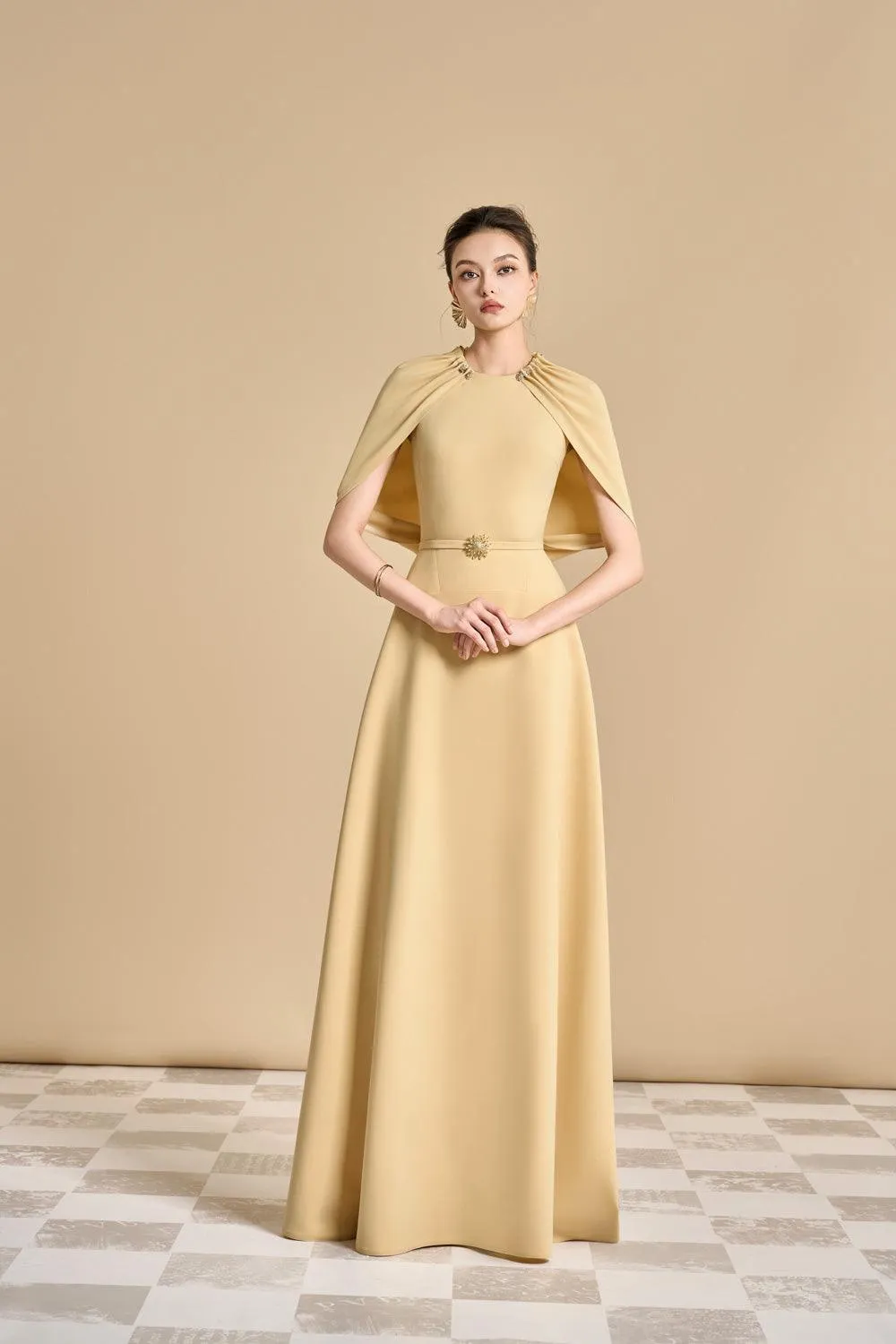 Jasmine A-line Cape Sleeved Polyester Floor Length Dress