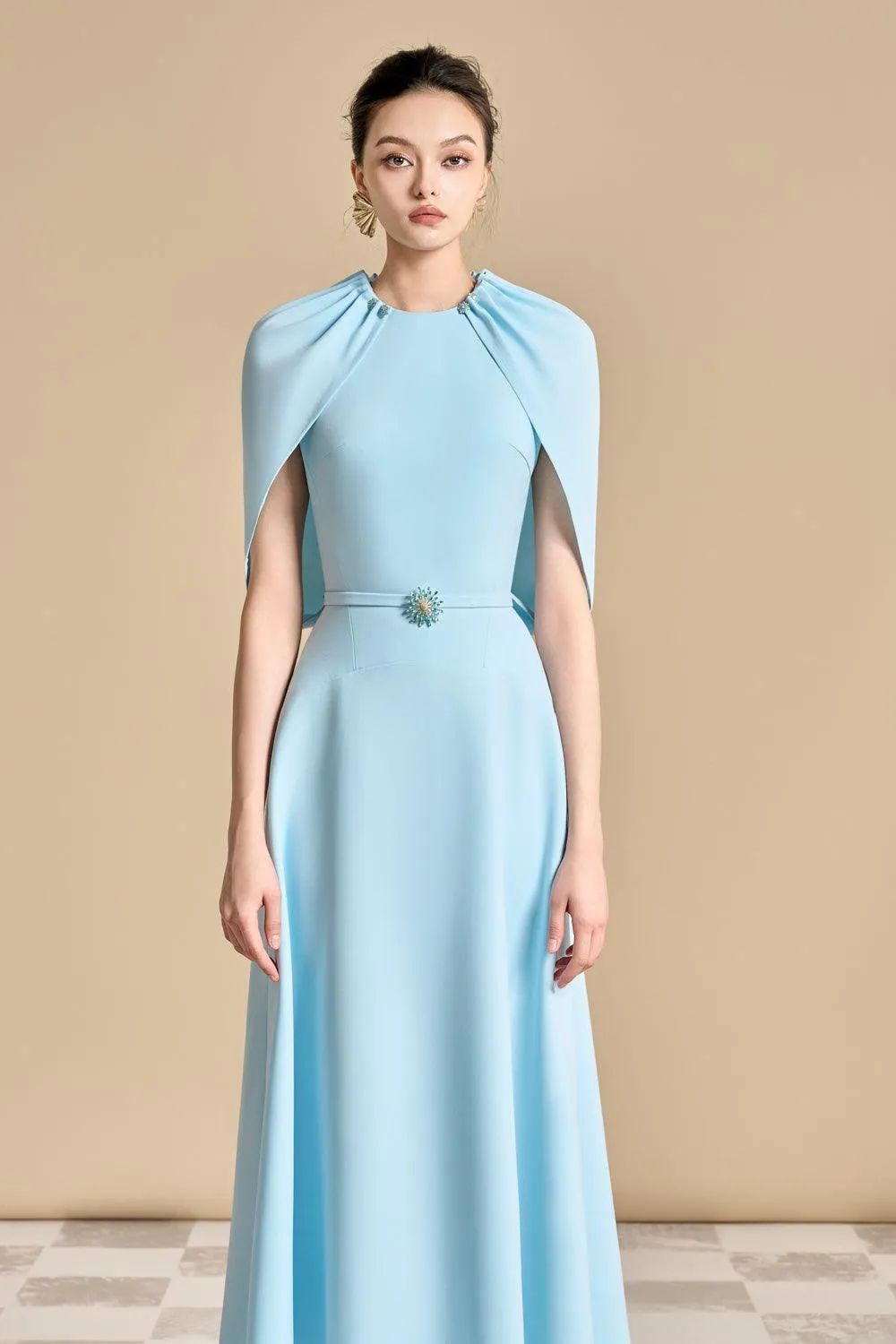 Jasmine A-line Cape Sleeved Polyester Floor Length Dress