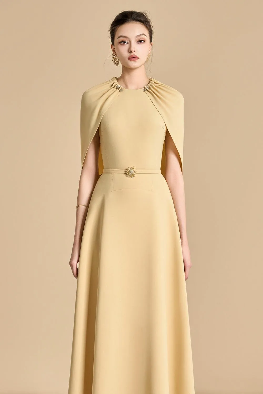 Jasmine A-line Cape Sleeved Polyester Floor Length Dress