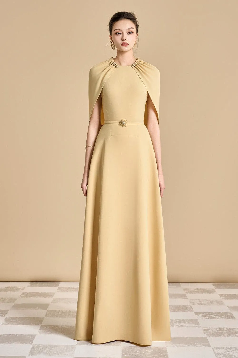 Jasmine A-line Cape Sleeved Polyester Floor Length Dress