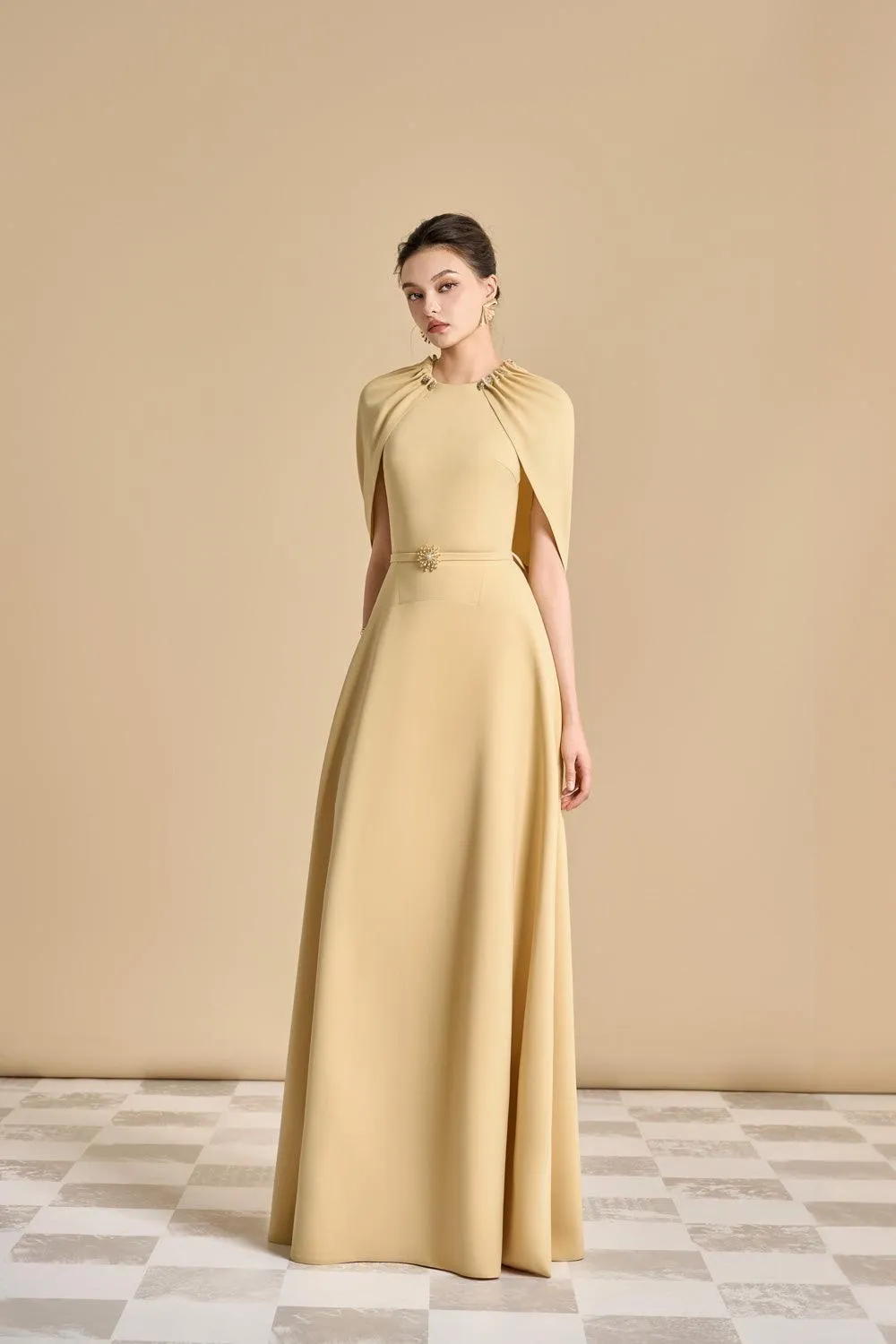 Jasmine A-line Cape Sleeved Polyester Floor Length Dress