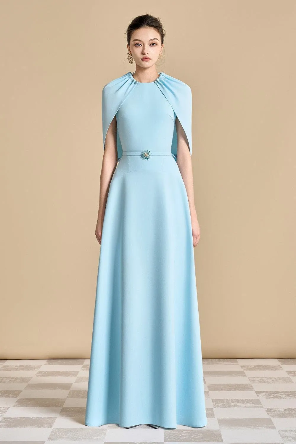 Jasmine A-line Cape Sleeved Polyester Floor Length Dress