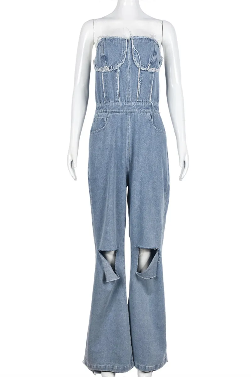 JH0154 Distressed Denim Jumpsuits