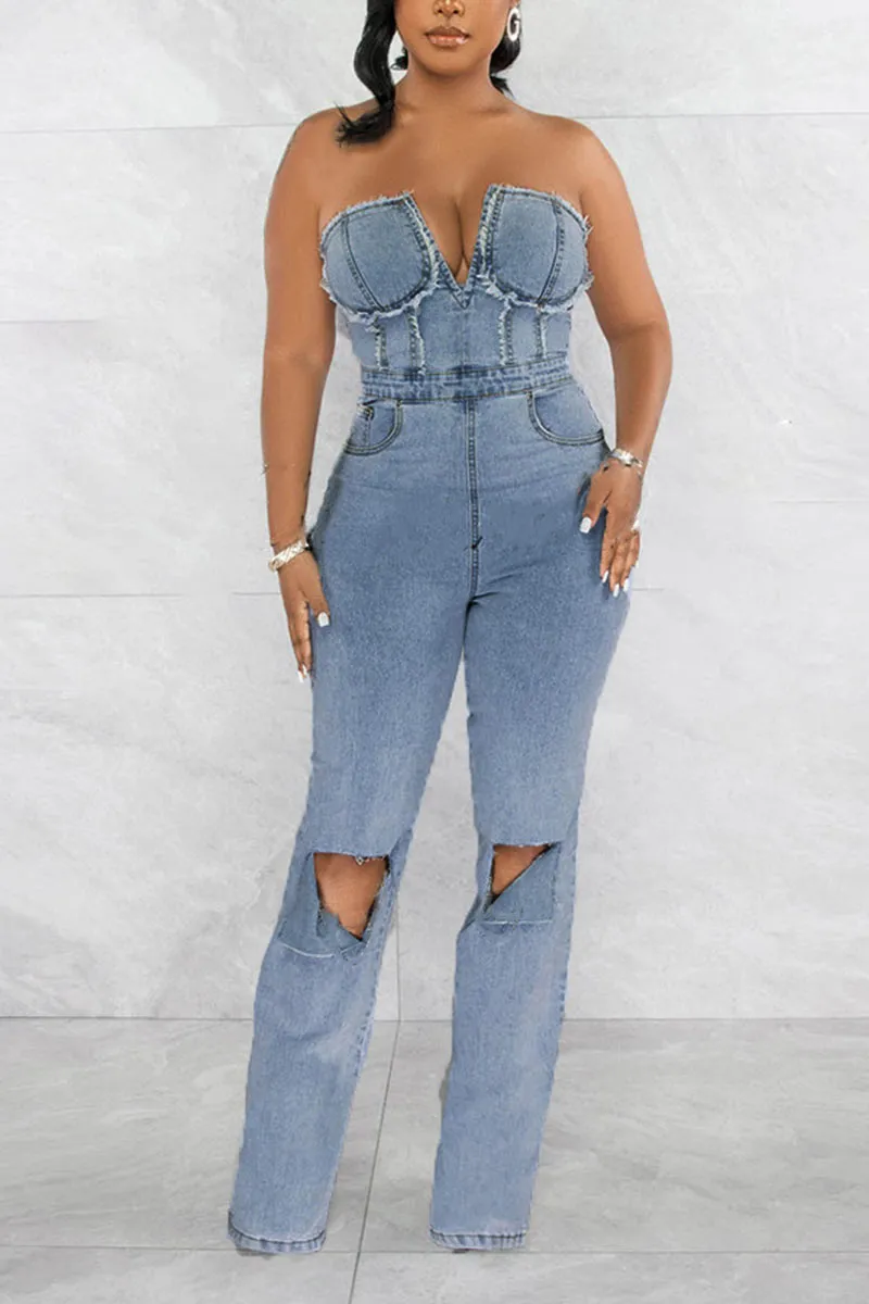 JH0154 Distressed Denim Jumpsuits