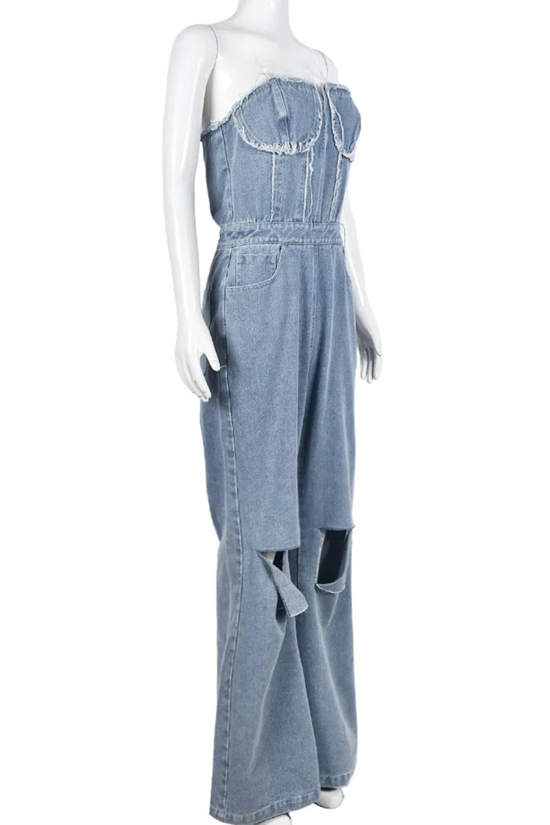 JH0154 Distressed Denim Jumpsuits