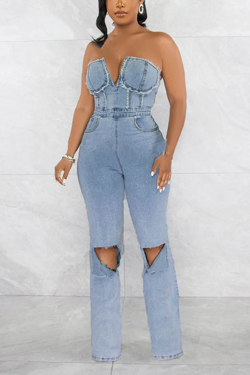 JH0154 Distressed Denim Jumpsuits