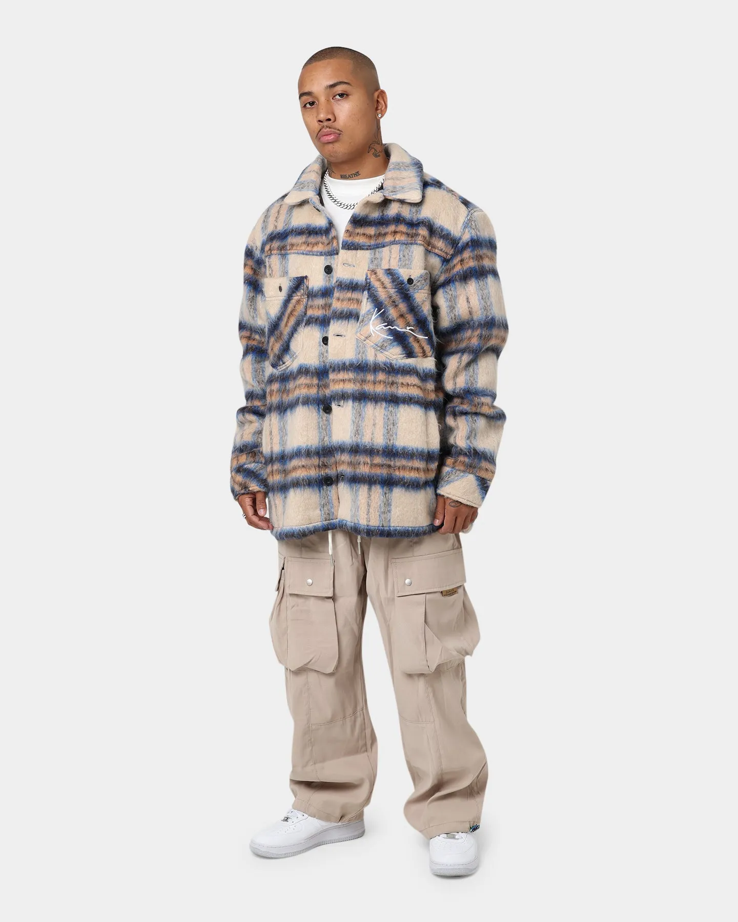 Karl Kani Chest Signature Check Wool Blend Jacket Sand