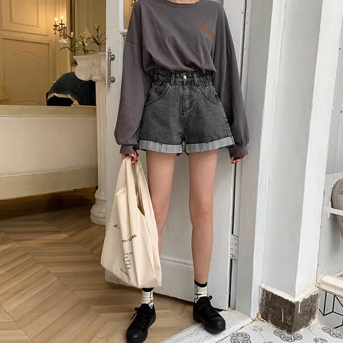 KittenAlarm - New Summer High Waist Denim Shorts Women Casual Loose Ladies Fashion Plus Size Elastic Waist Wide Leg Short Jeans Female