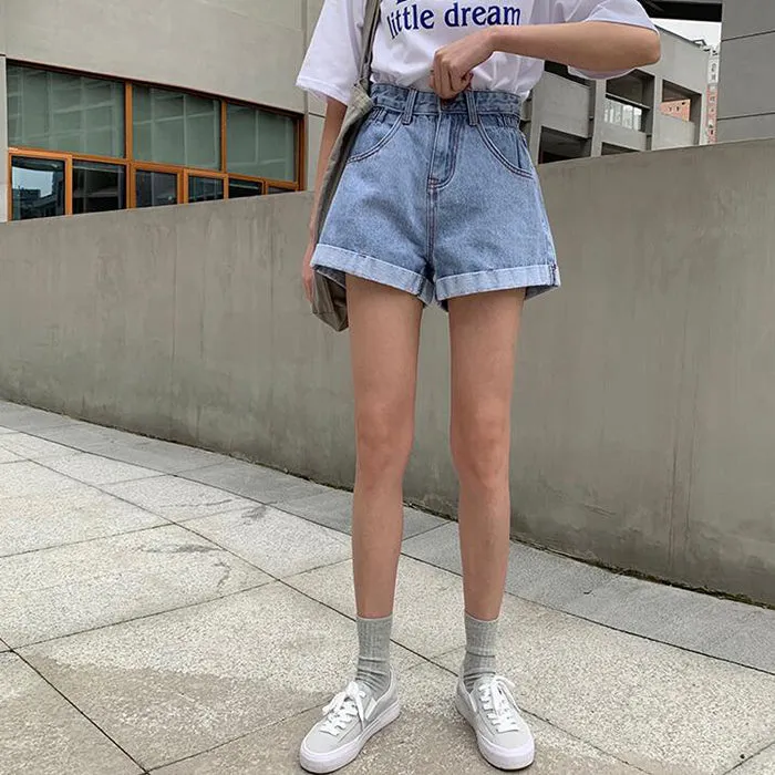 KittenAlarm - New Summer High Waist Denim Shorts Women Casual Loose Ladies Fashion Plus Size Elastic Waist Wide Leg Short Jeans Female