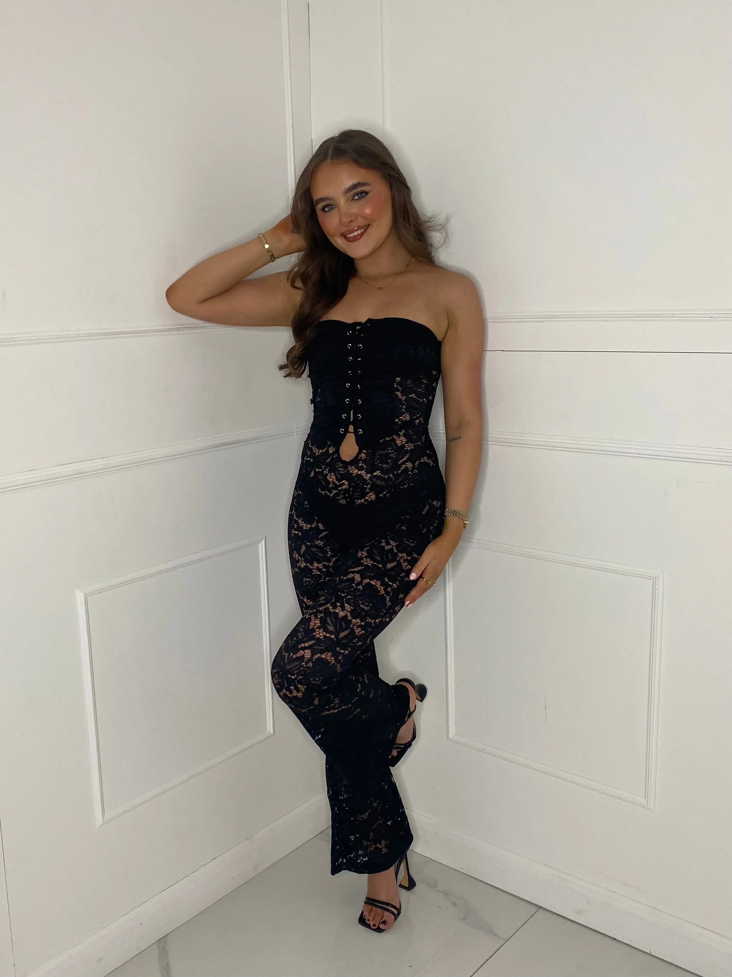 Lace Up Detail Jumpsuit - Black