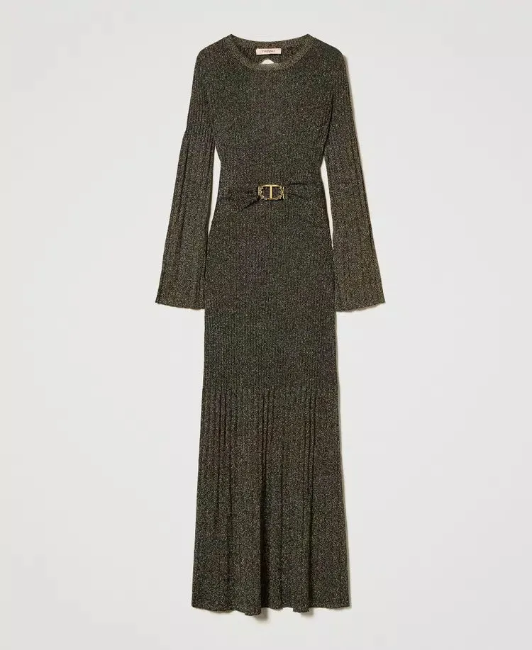 Long Rib Knit Dress With Oval Belt - Black Gold