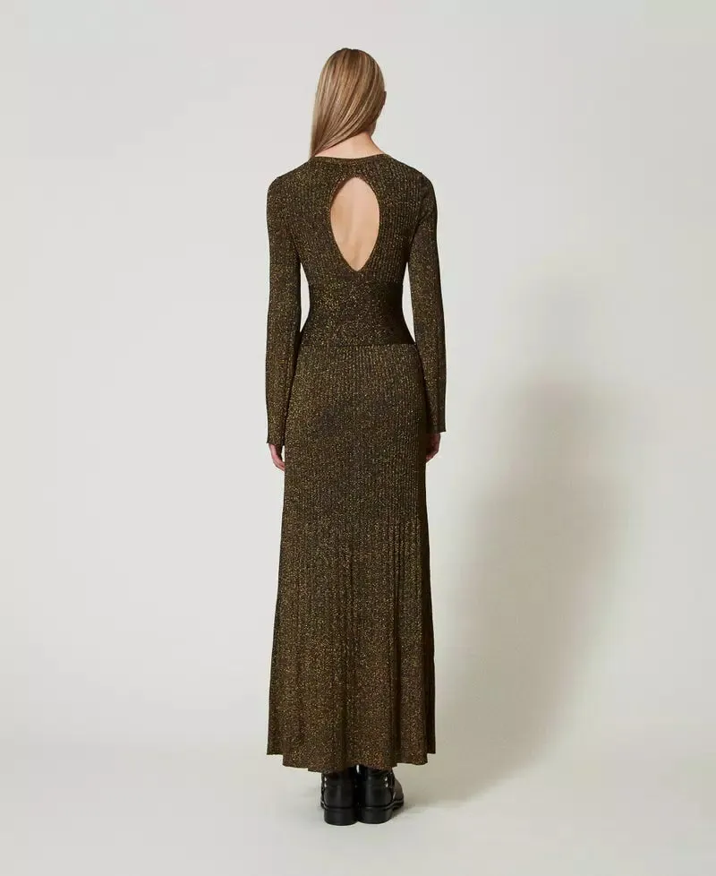 Long Rib Knit Dress With Oval Belt - Black Gold