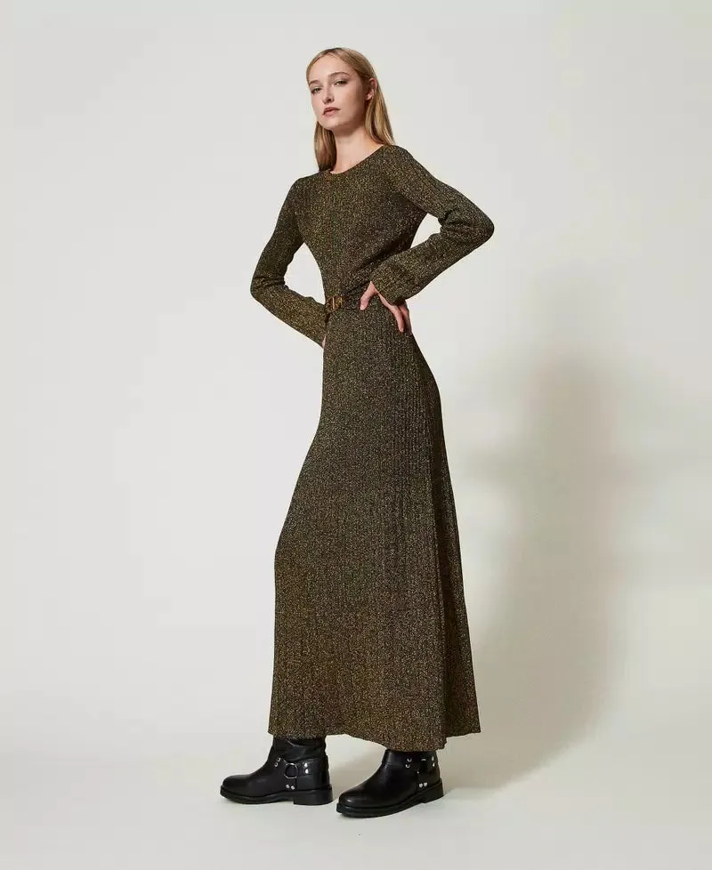 Long Rib Knit Dress With Oval Belt - Black Gold