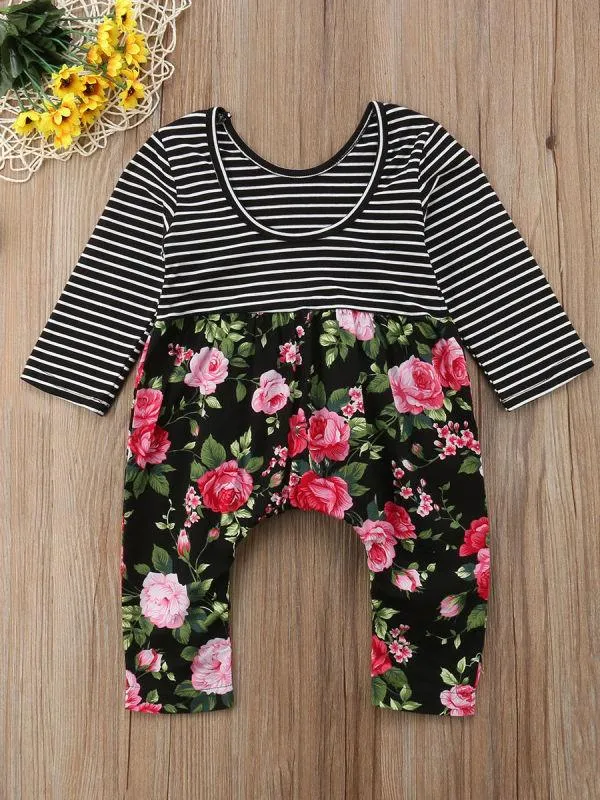 Long-sleeved Jumpsuit Striped Flower Print Overalls