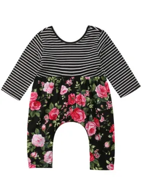 Long-sleeved Jumpsuit Striped Flower Print Overalls