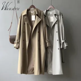 Long Trench Coats for Women With Belt - Double Breasted, Big Size, Korean Windbreaker