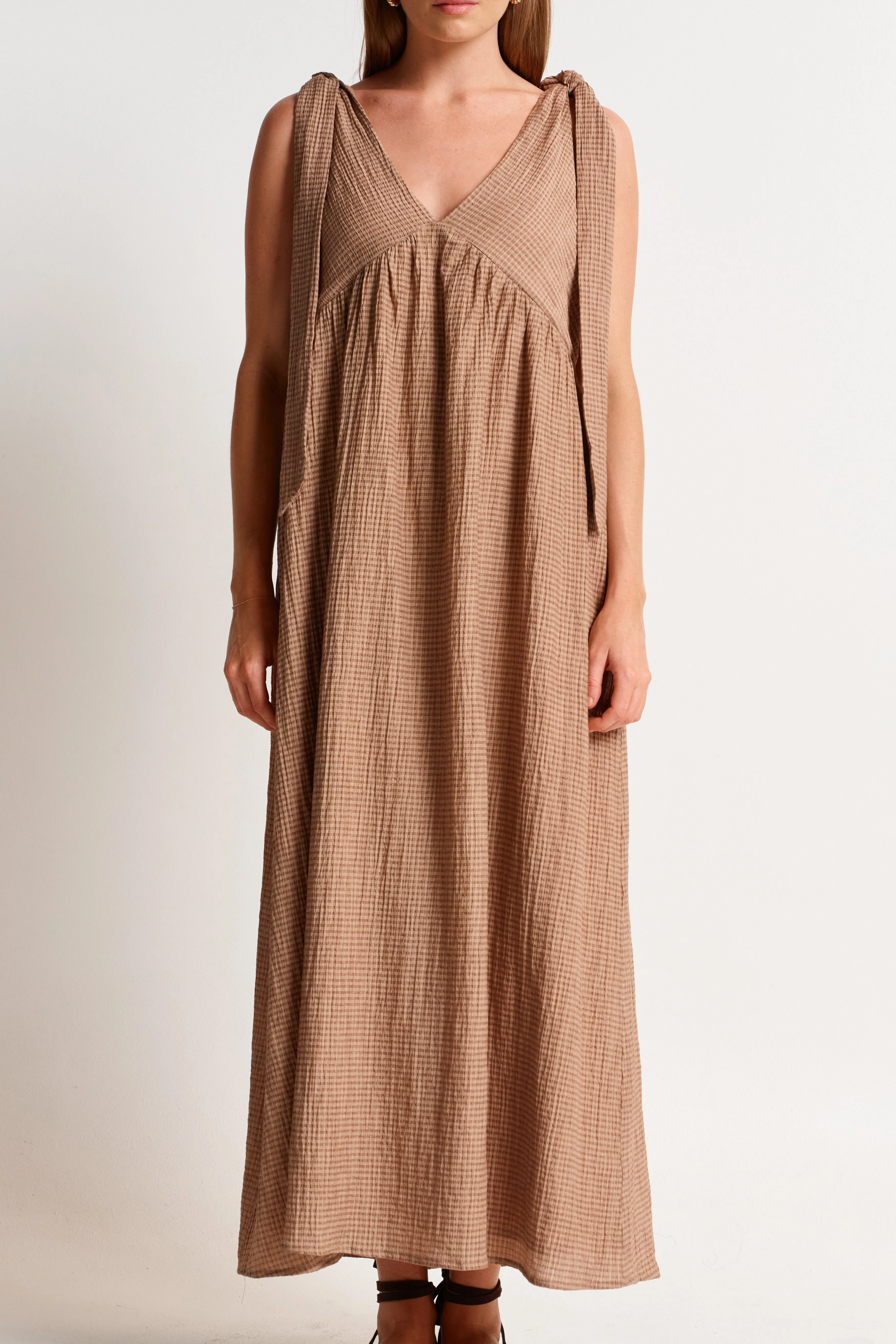 Mallorca Seersucker Babydoll Midi Dress - Latte