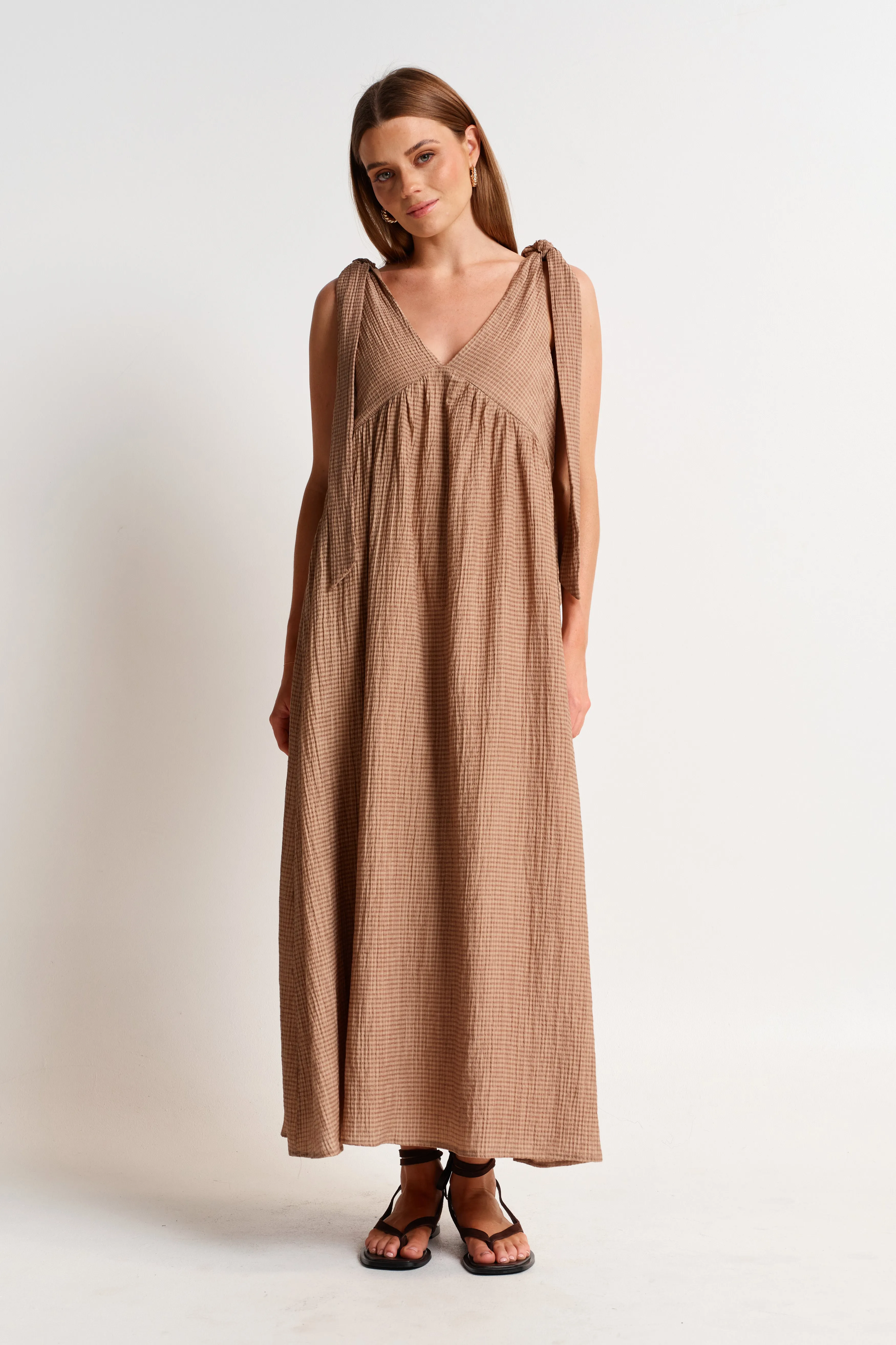 Mallorca Seersucker Babydoll Midi Dress - Latte