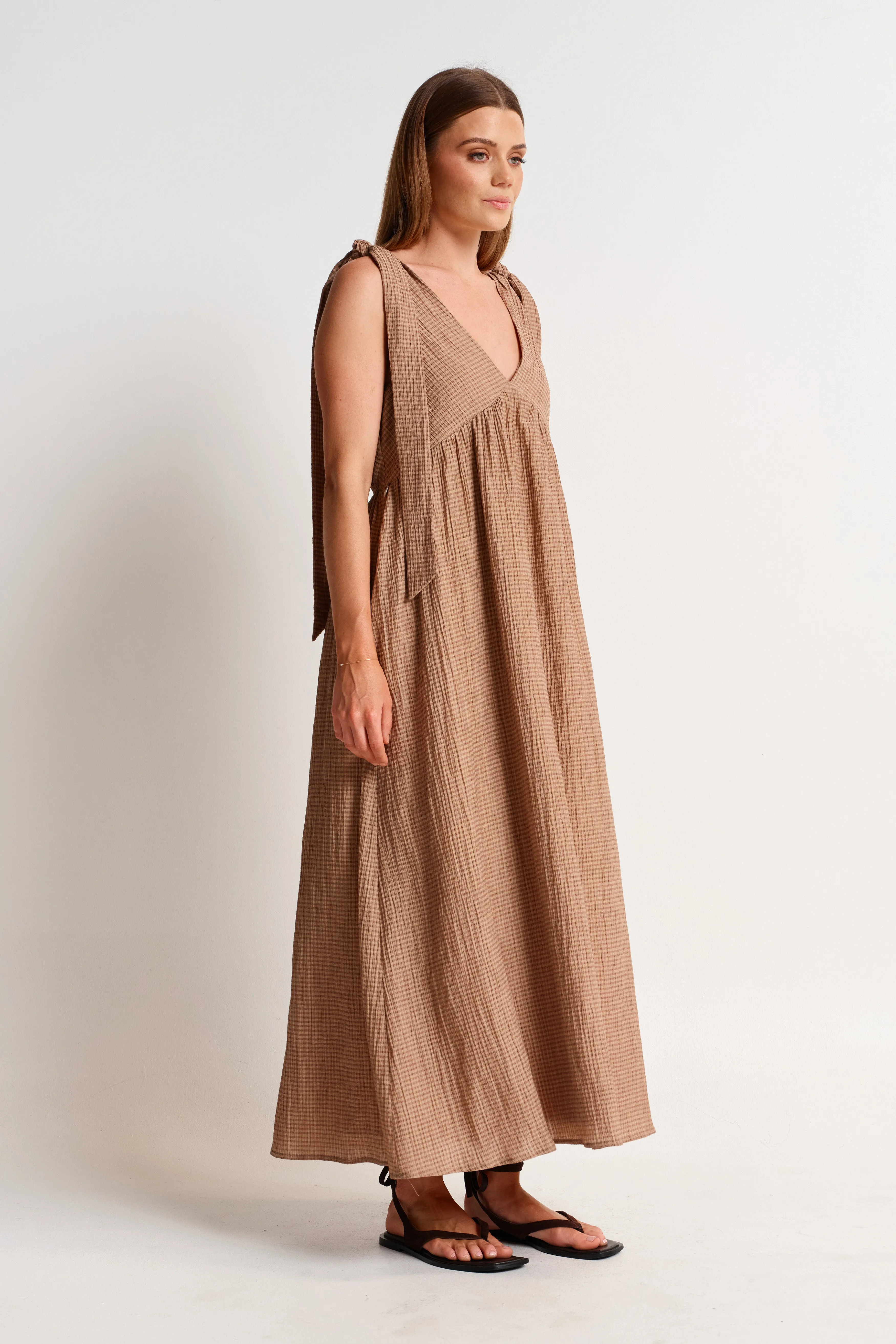 Mallorca Seersucker Babydoll Midi Dress - Latte