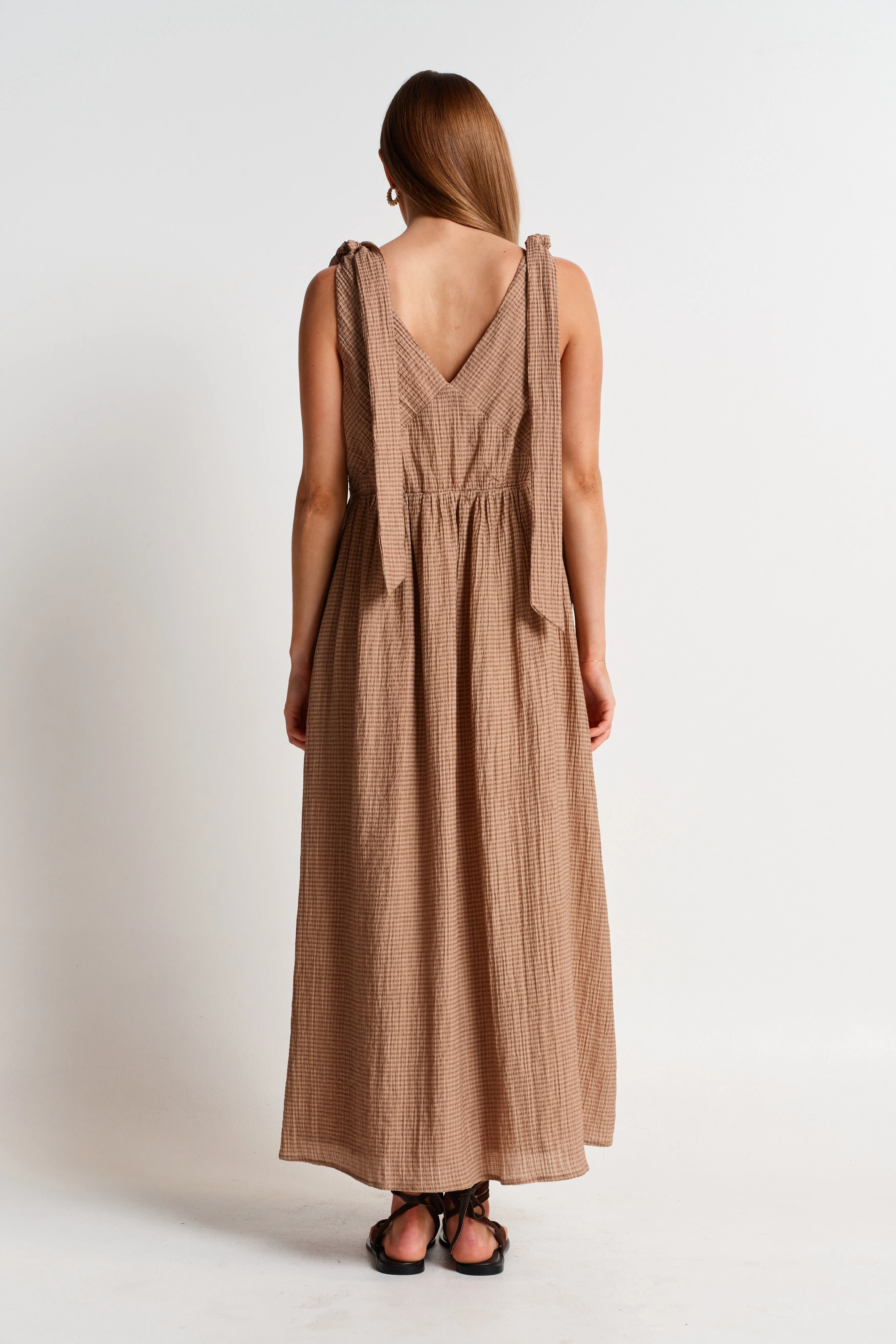 Mallorca Seersucker Babydoll Midi Dress - Latte