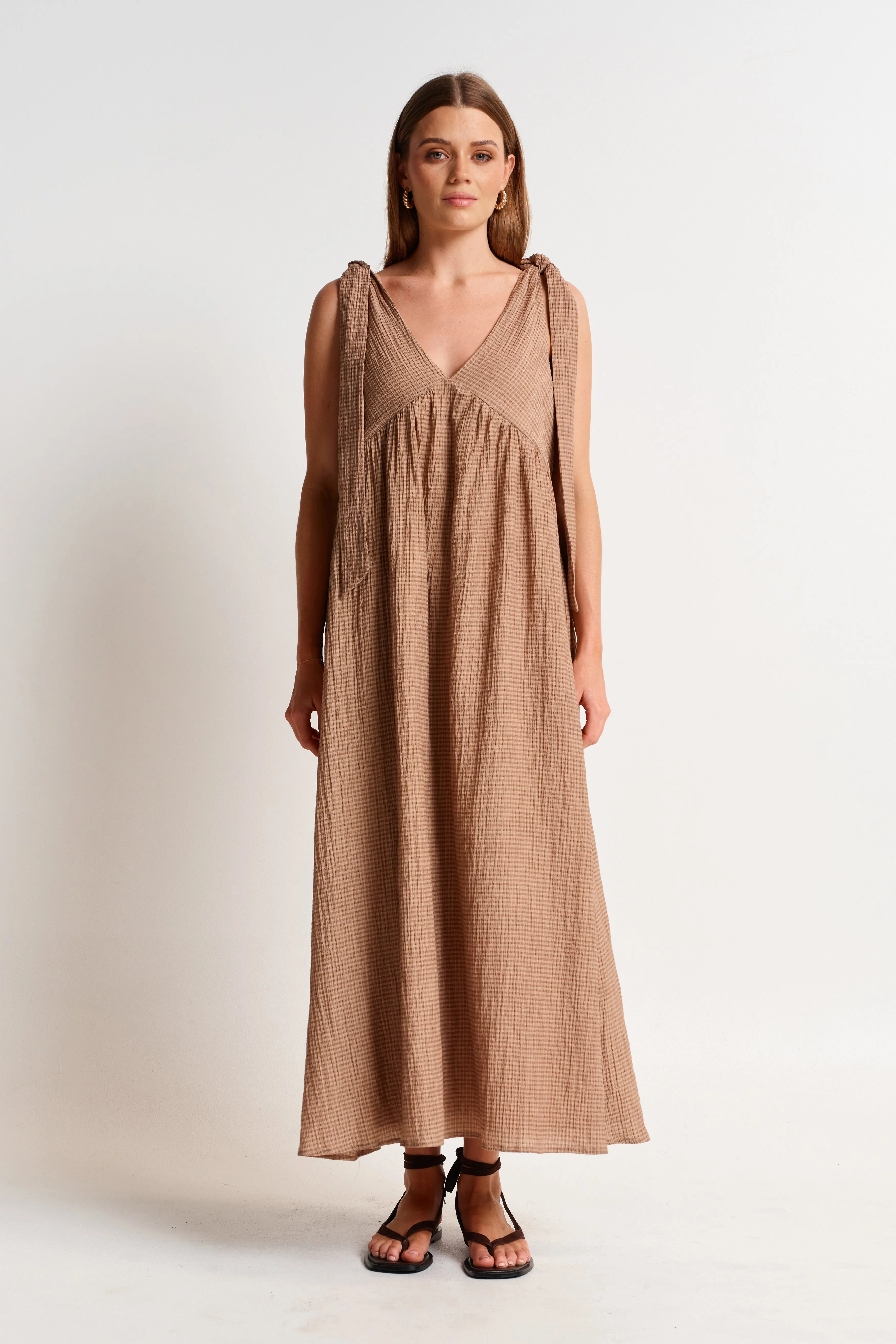 Mallorca Seersucker Babydoll Midi Dress - Latte