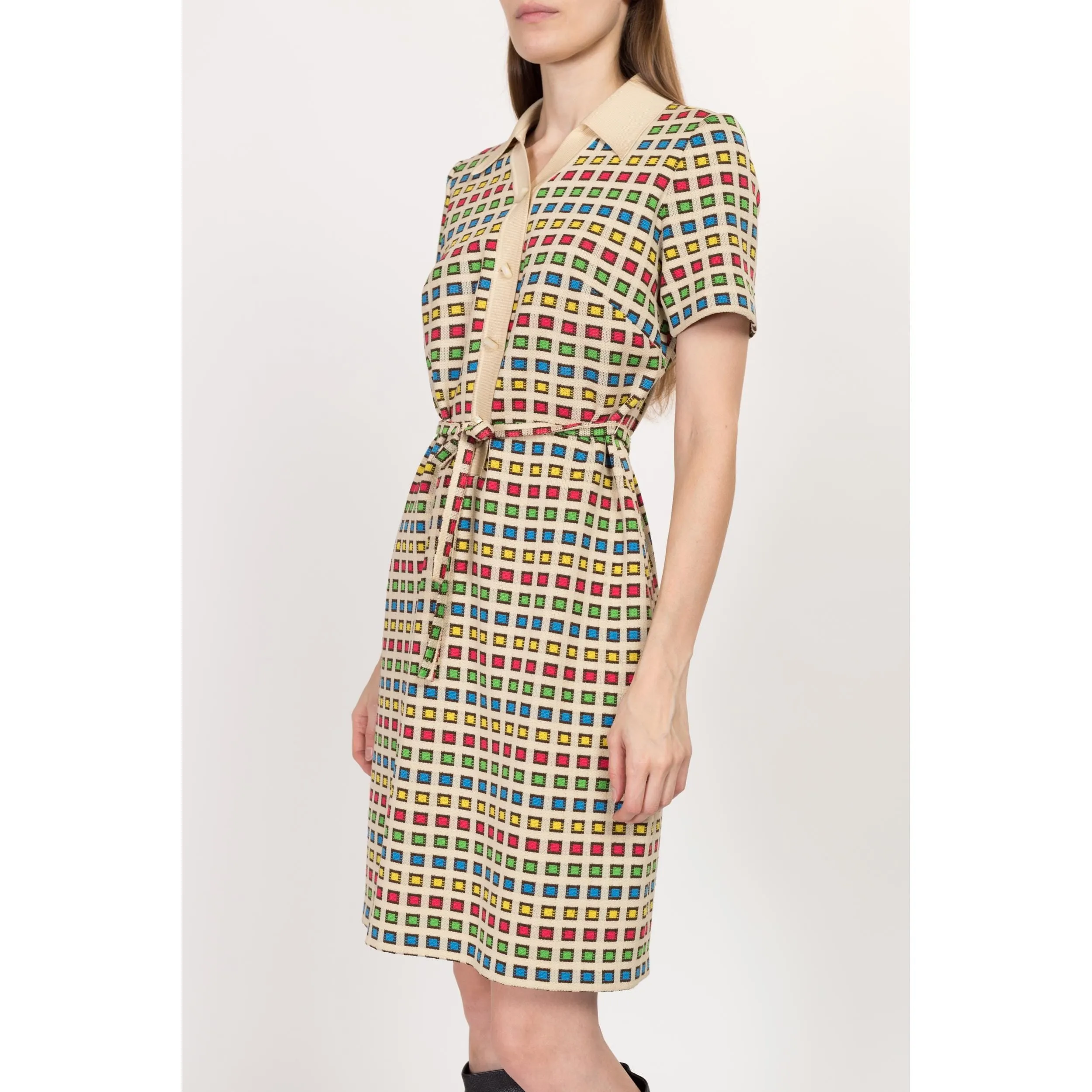 Medium 70s Primary Color Grid Knit Shirtdress