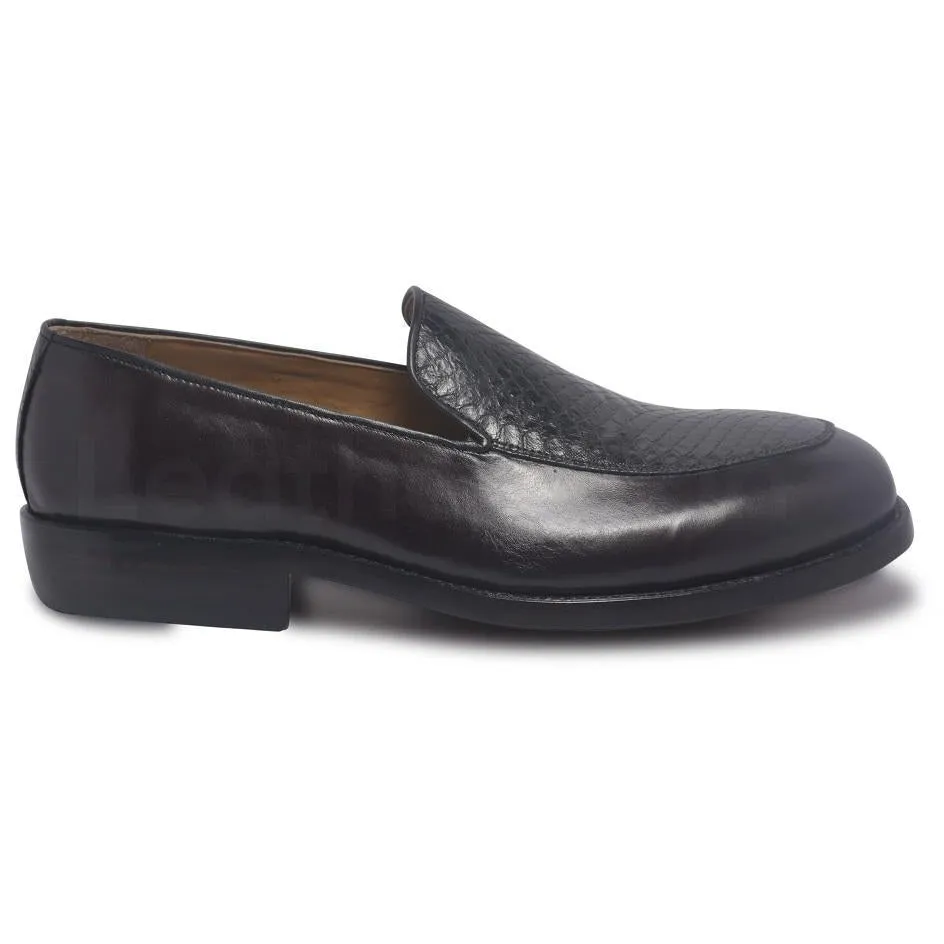 Men Black Slip-On Loafer Textured Top Genuine Leather Shoes