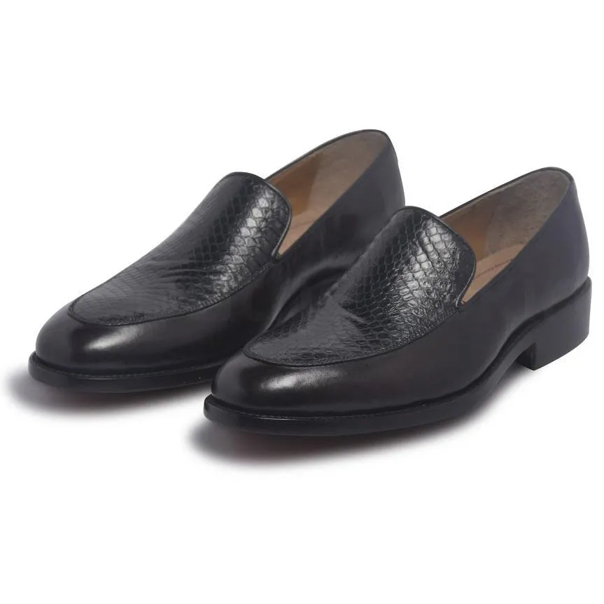 Men Black Slip-On Loafer Textured Top Genuine Leather Shoes