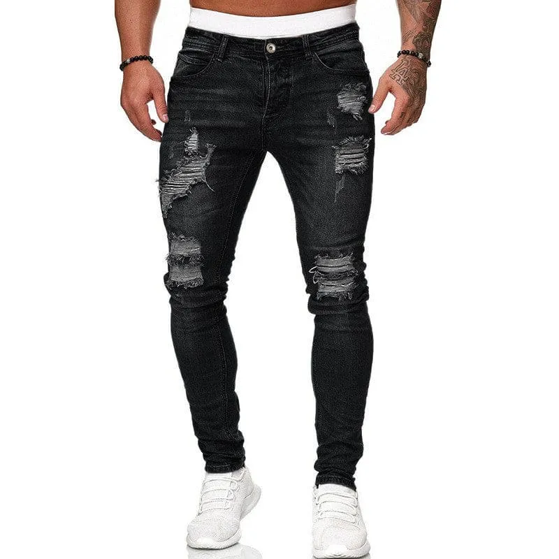 Men Slant Pocket Zipper Ripped Skinny Jeans