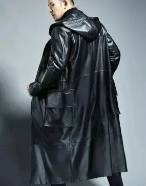 Men's Hooded Loose Leather Overcoat