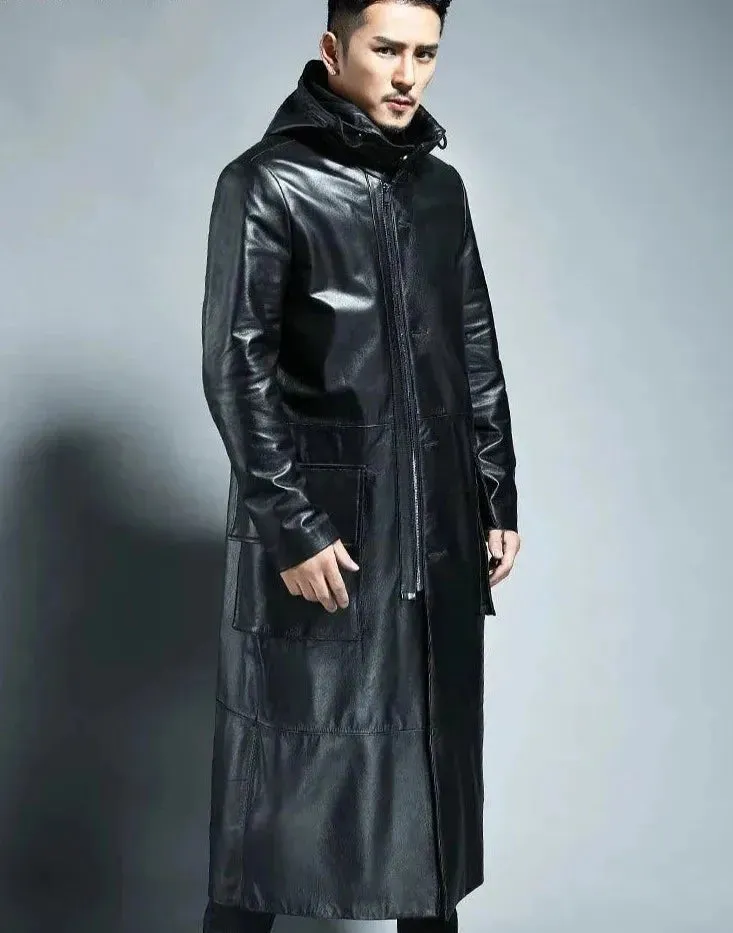 Men's Hooded Loose Leather Overcoat