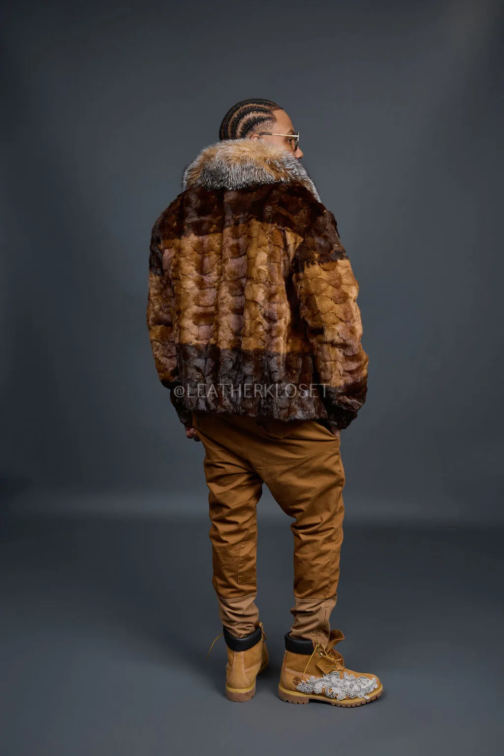 Men's Mink Bomber Jacket With Fox Collar [Whiskey/Brown]