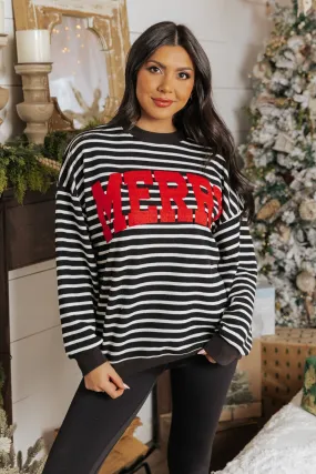 Merry Black Striped Graphic Sweatshirt