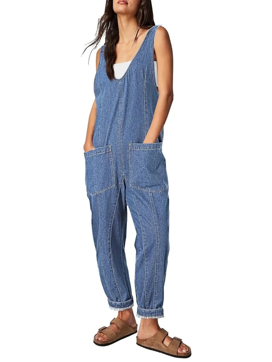 Mid blue denim baggy capri jumpsuit