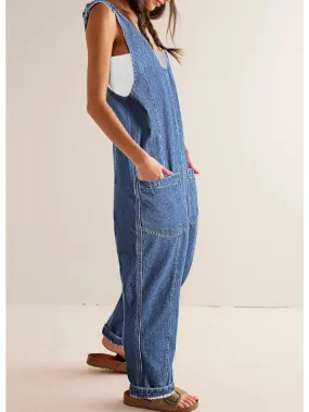 Mid blue denim baggy capri jumpsuit