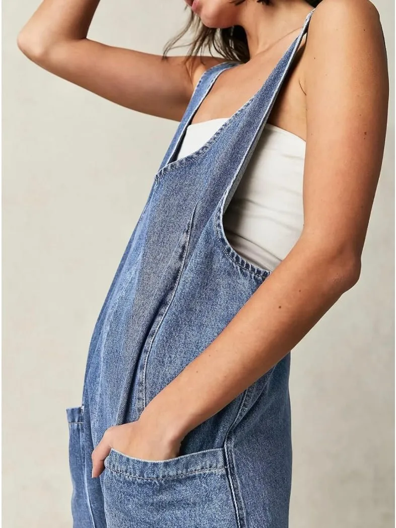 Mid blue denim baggy capri jumpsuit