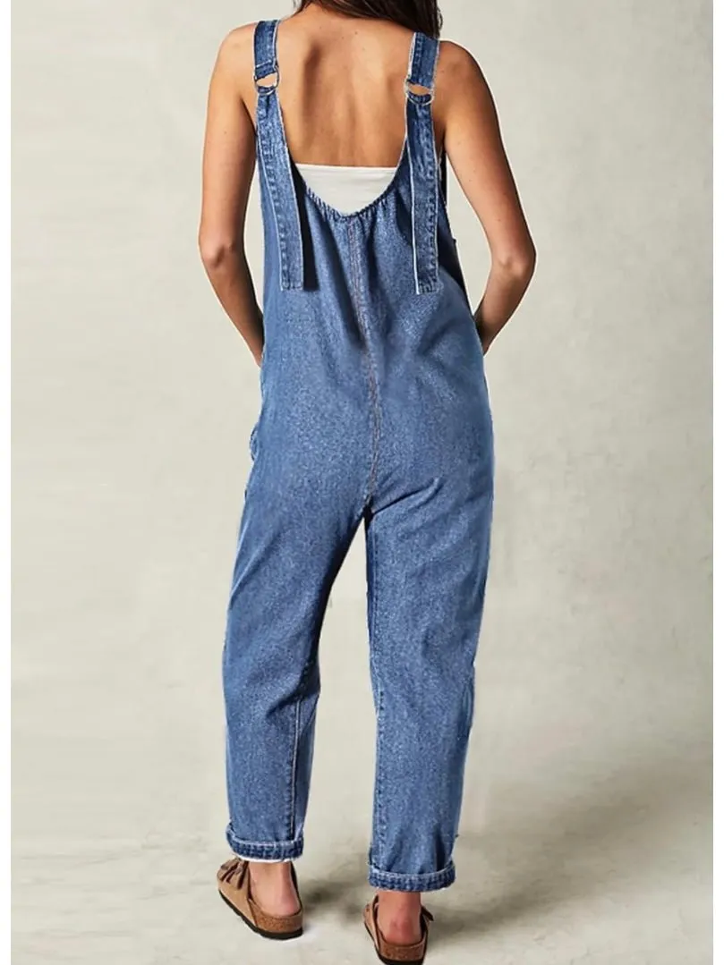 Mid blue denim baggy capri jumpsuit