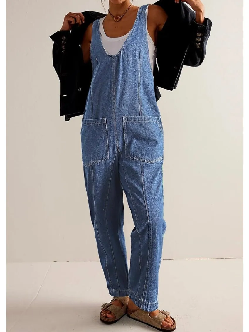 Mid blue denim baggy capri jumpsuit