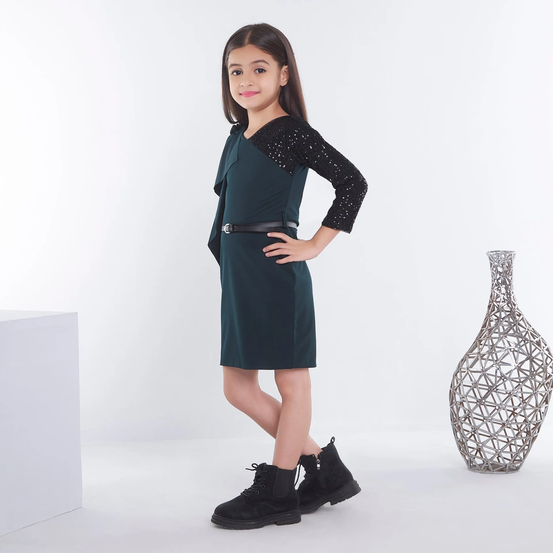 Ministitch solid 3/4th sleeves flower and ruffle embellished midi dress with belt for girls - Green