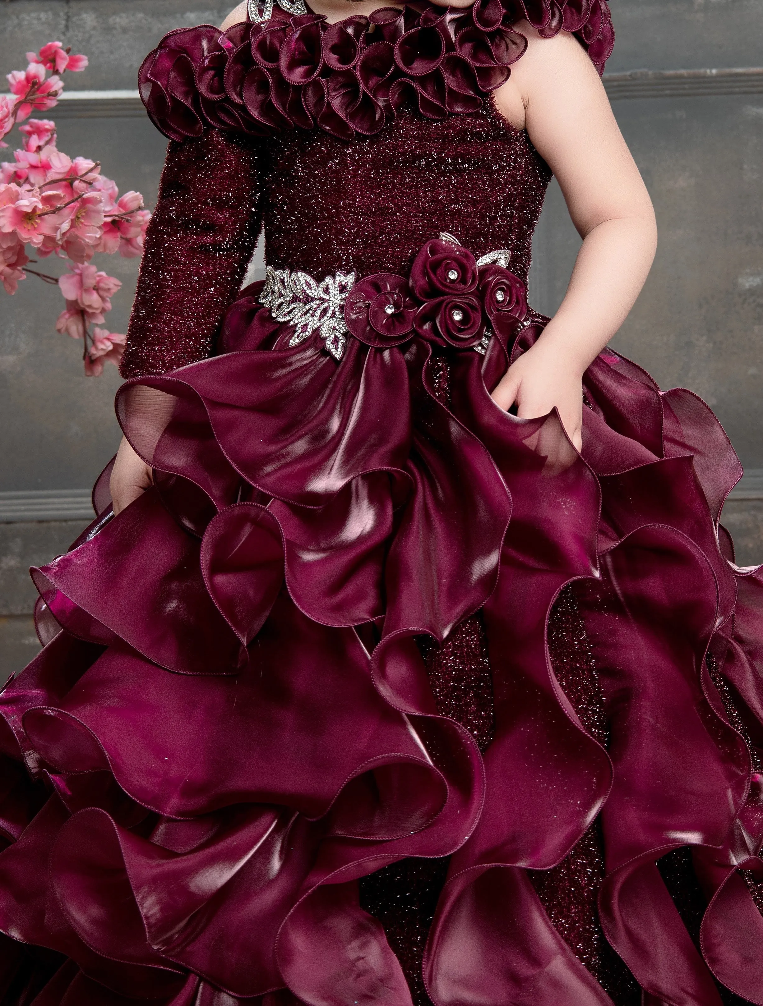 Ministitch Velvet & Tissue ruffled embellished designer ball gown for baby girls - Wine