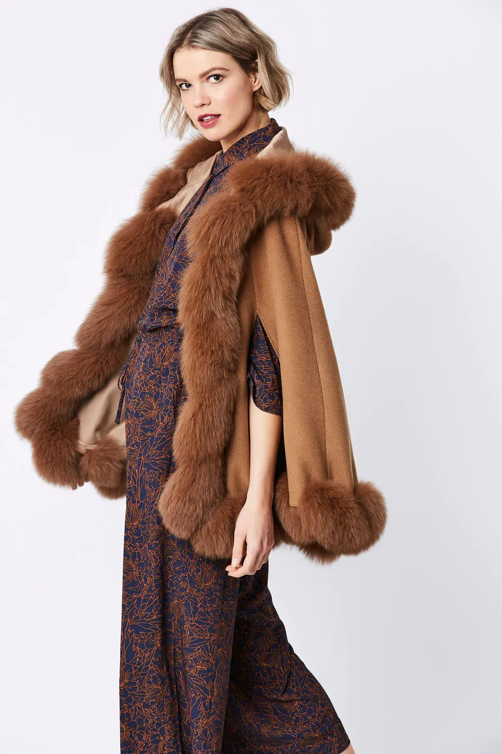 Mocha Cashmere Hooded and Fox Fur Cape Coat