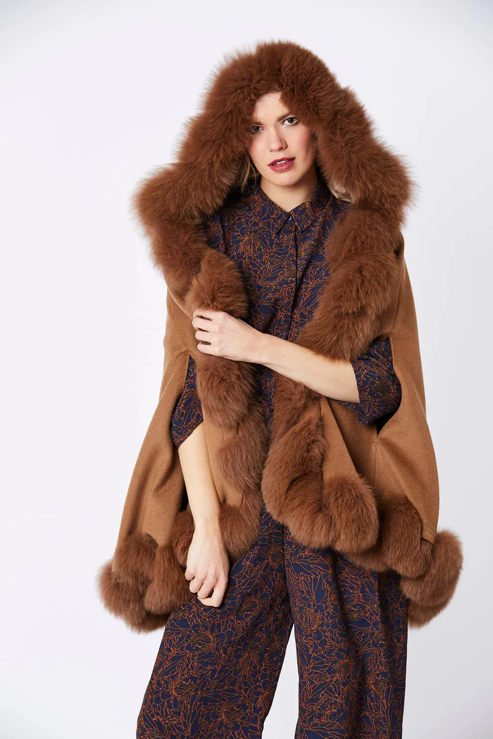 Mocha Cashmere Hooded and Fox Fur Cape Coat