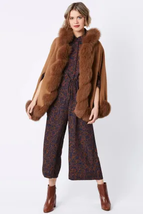 Mocha Cashmere Hooded and Fox Fur Cape Coat