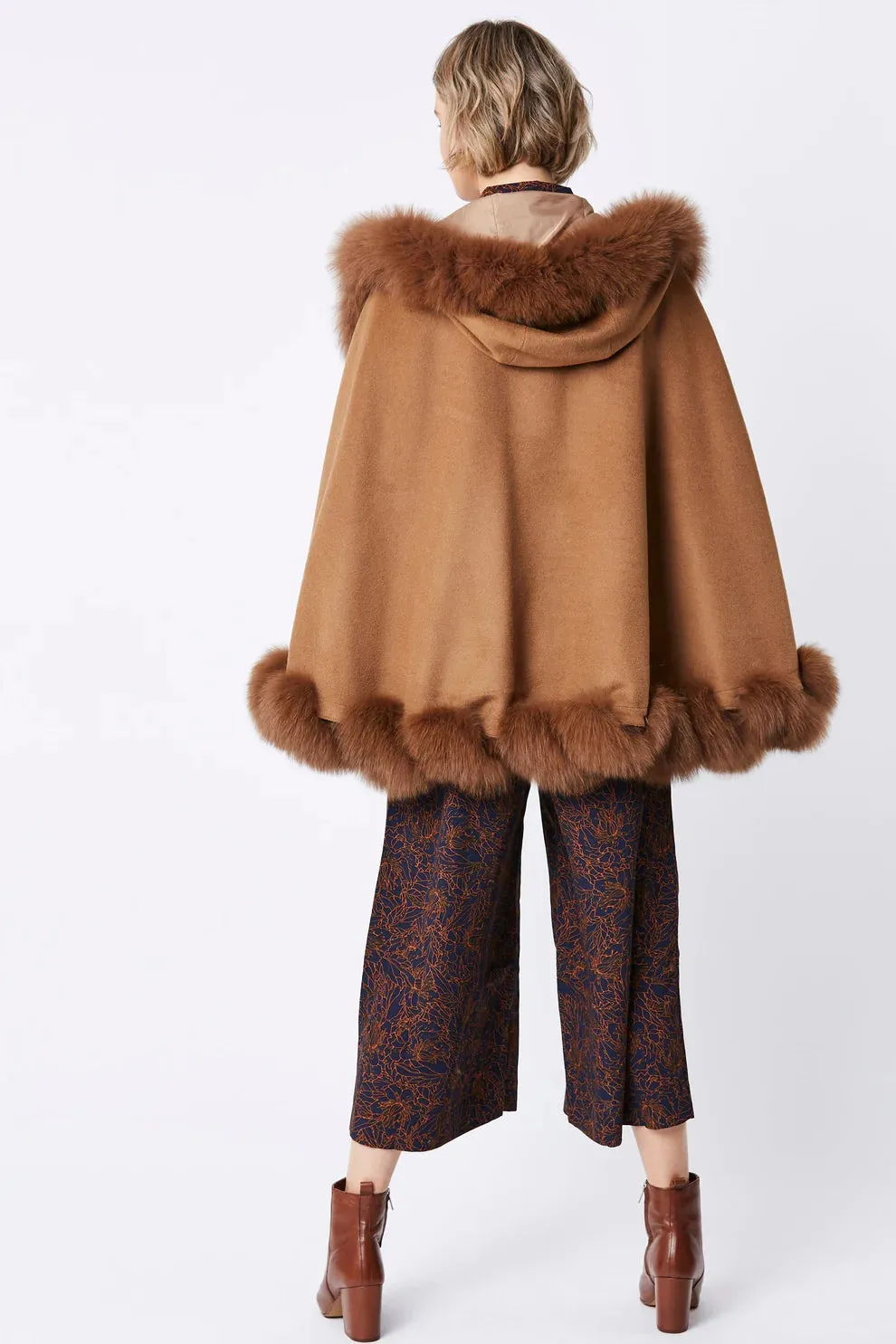 Mocha Cashmere Hooded and Fox Fur Cape Coat