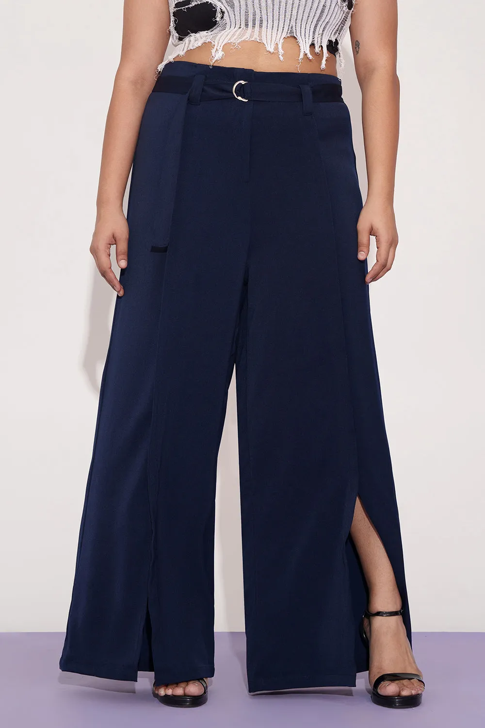 Mystic Navy Curve Belted Flared Korean Pants