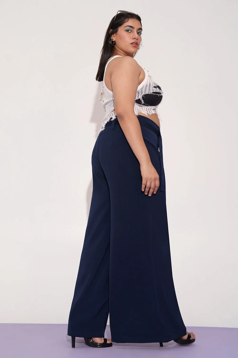 Mystic Navy Curve Belted Flared Korean Pants